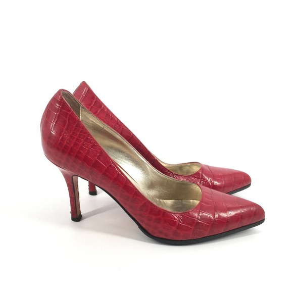 Luciano Padovan Crocadile Print Leather High Heel Shoes Size 37 Womens Red Pumps - Picture 1 of 10